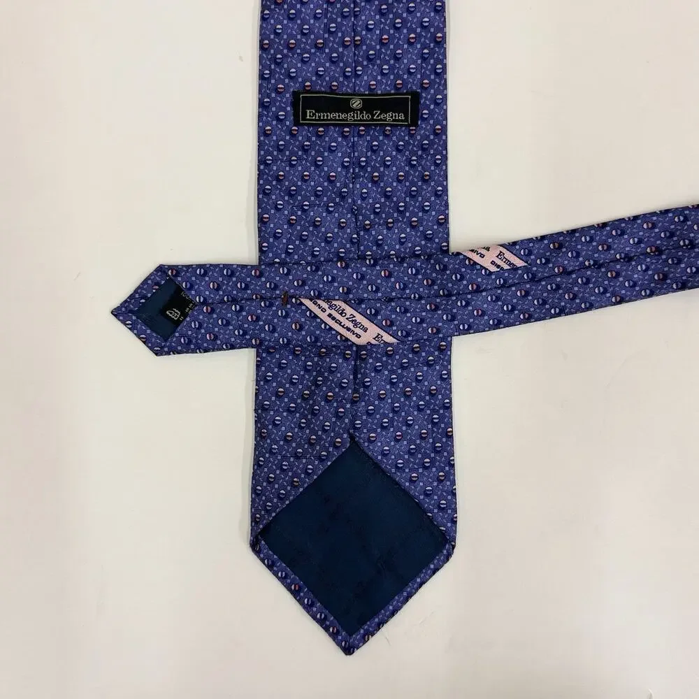 Ermenegildo Zegna Periwinkle Blue Pink Dot Geometric Silk Tie Italy Mens